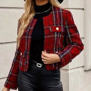 Elegant Paris Style Women's Plaid Tweed Jacket - Red/Black/Wht - L